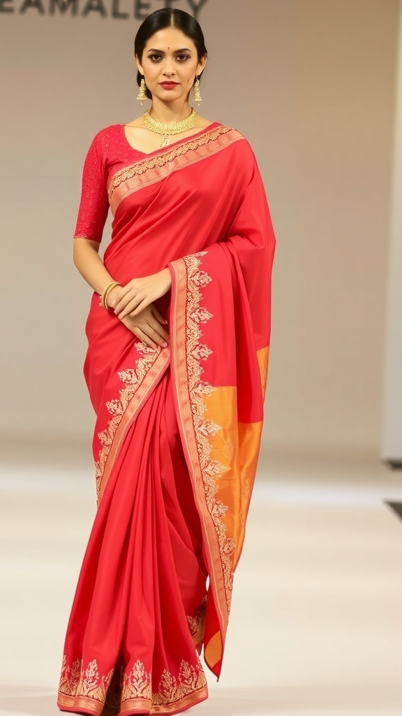 Tomato Red Saree with Contrast Blouse Styling Guide Model wearing a tomato red saree with a gold contrast blouse, adorned with jewelry.